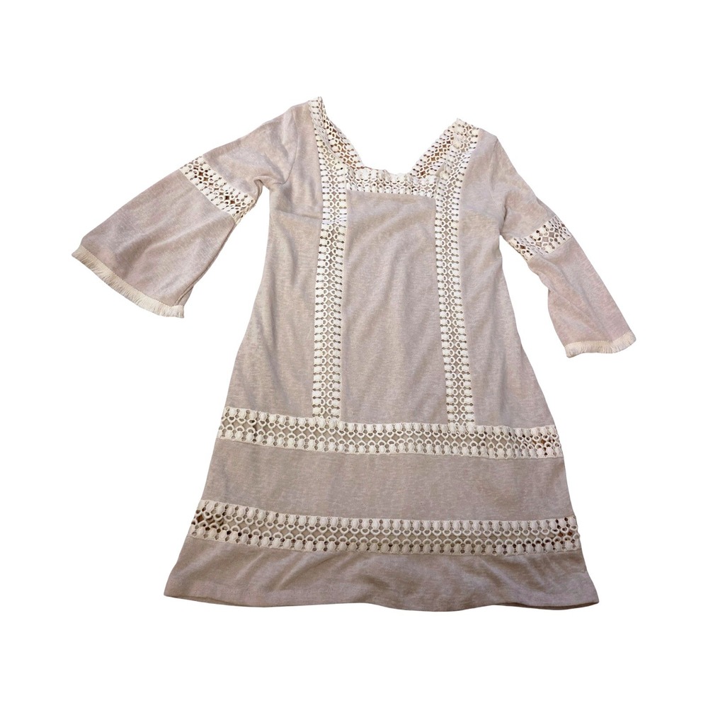 Judith March Tan Crochet Lace Trim 3/4 Bell Sleeve Fringe Shift Dress Small